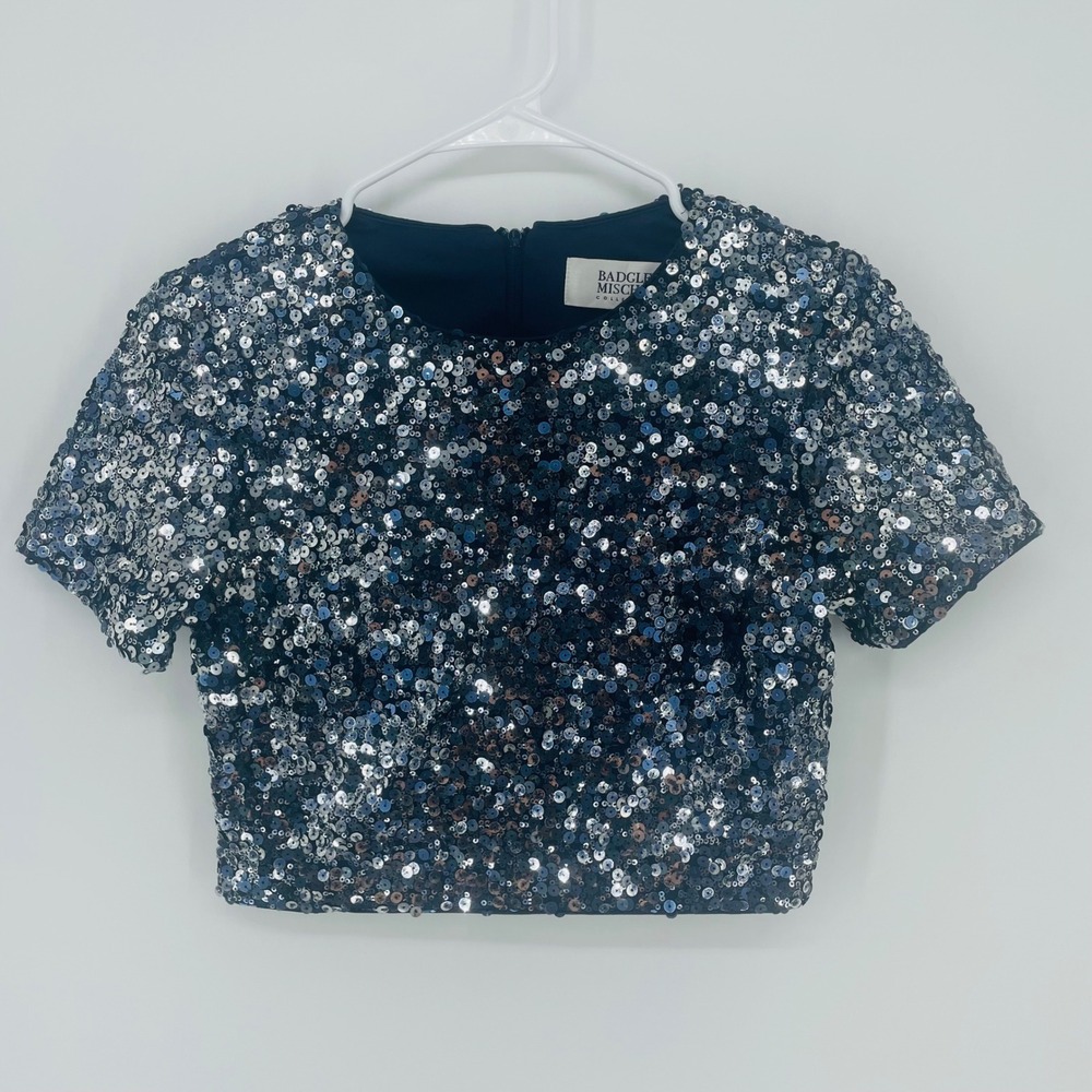 Badgley Mischka Navy Silver Sequin Crop Top Short Sleeve‎ Size 4 Party Holiday